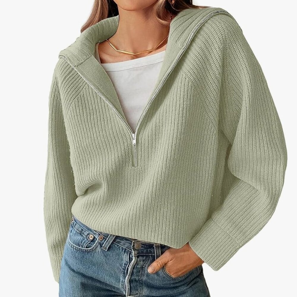 BTFBM Womens Sweaters Quarter Zip Pullover V Neck Collar Long Sleeve Ribbed Knit